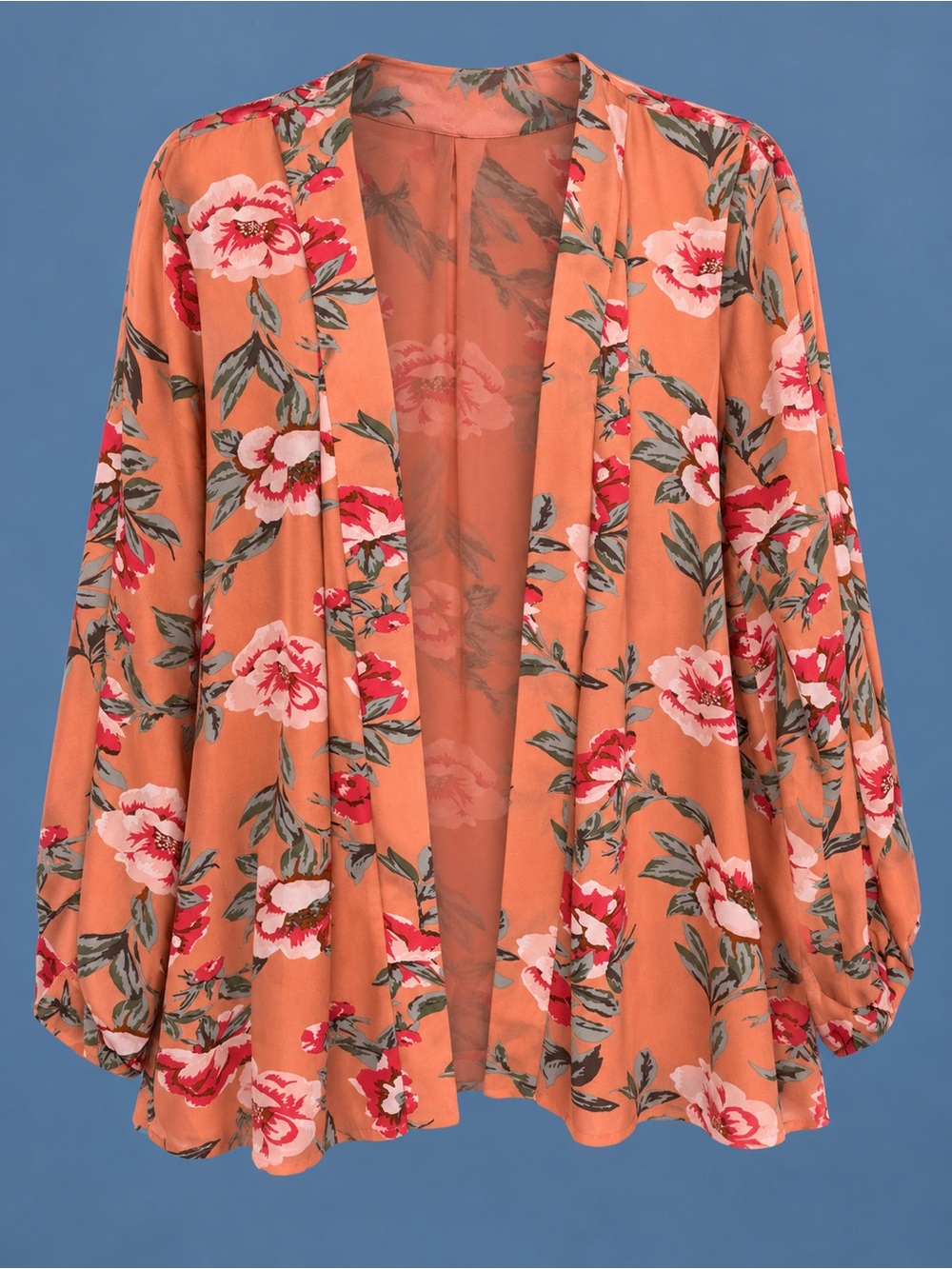 Fever Floral Open-Front Kimono Jacket in Peach and Pink